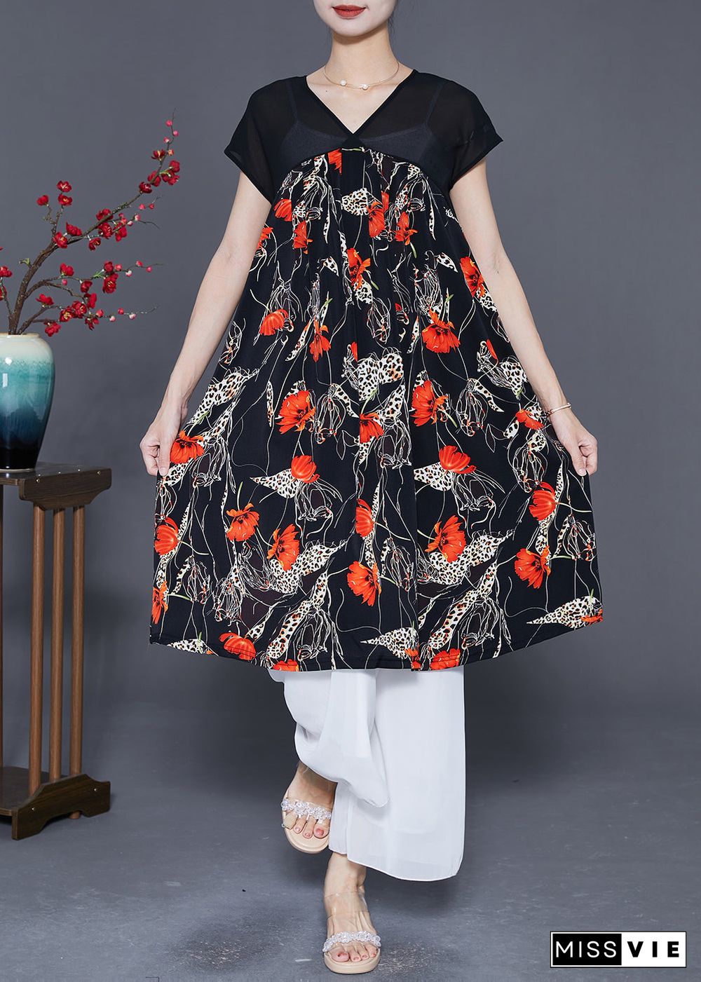 Women Red Floral Exra Large Hem Chiffon Maxi Dresses Summer