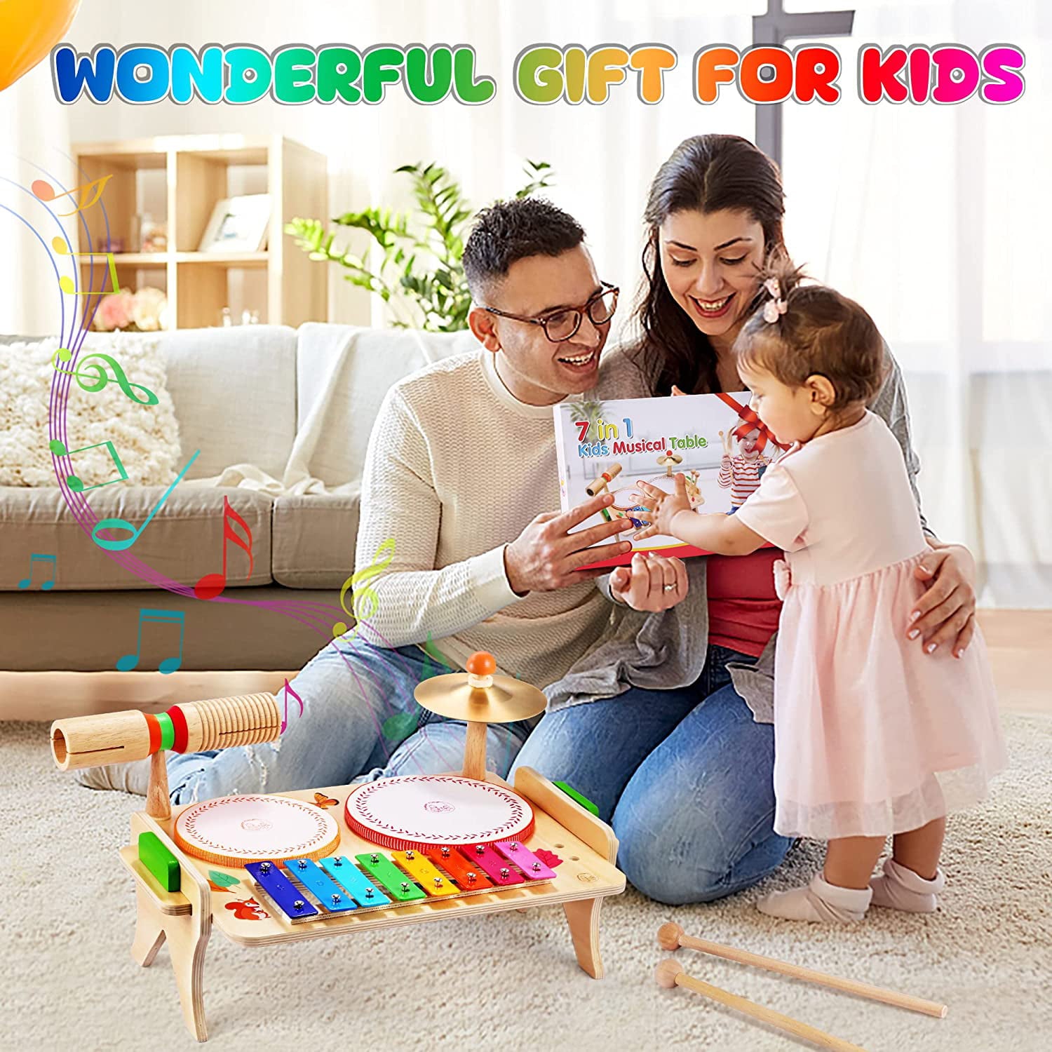 SWEET TIME Kids Drum Set for Toddlers Baby Music Instrunents 7 in 1Montessori Preschool Musical Toys Children Drum kit Xylophone Tambourine Birthday Gifts for Boys and Girls