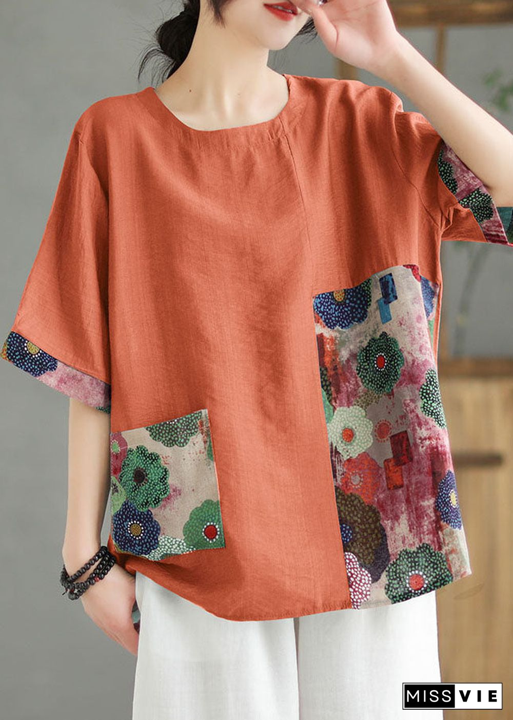 Women Print6  O Neck Print Patchwork Linen T Shirt Top Summer