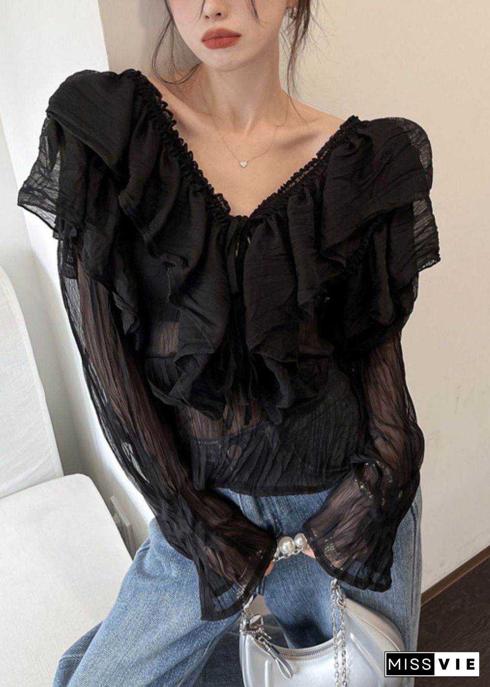 Sexy Black V Neck Ruffled Chiffon Shirts Long Sleeve