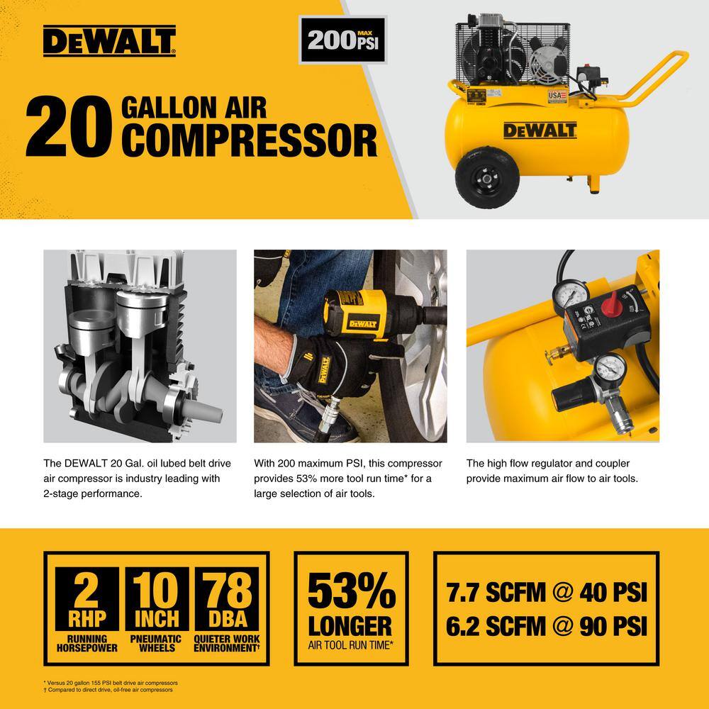 DW 20 Gal. 200 PSI Oil Lubed Belt Drive Portable Horizontal Electric Air Compressor DXCM201