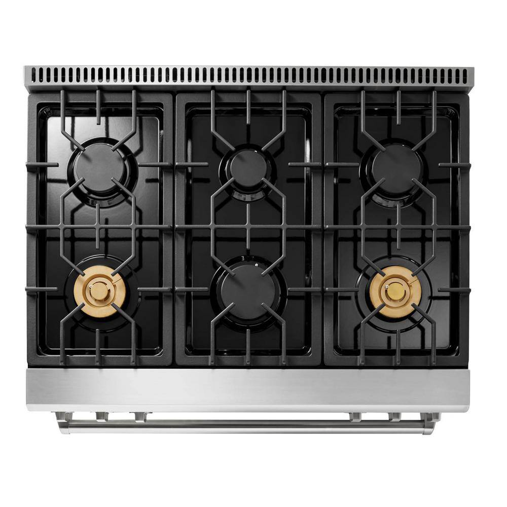 Thor Kitchen Tilt Panel 36-in 6 Burners Freestanding Gas Range with self-cleaning and air fry convection oven in. Stainless Steel TRG3601