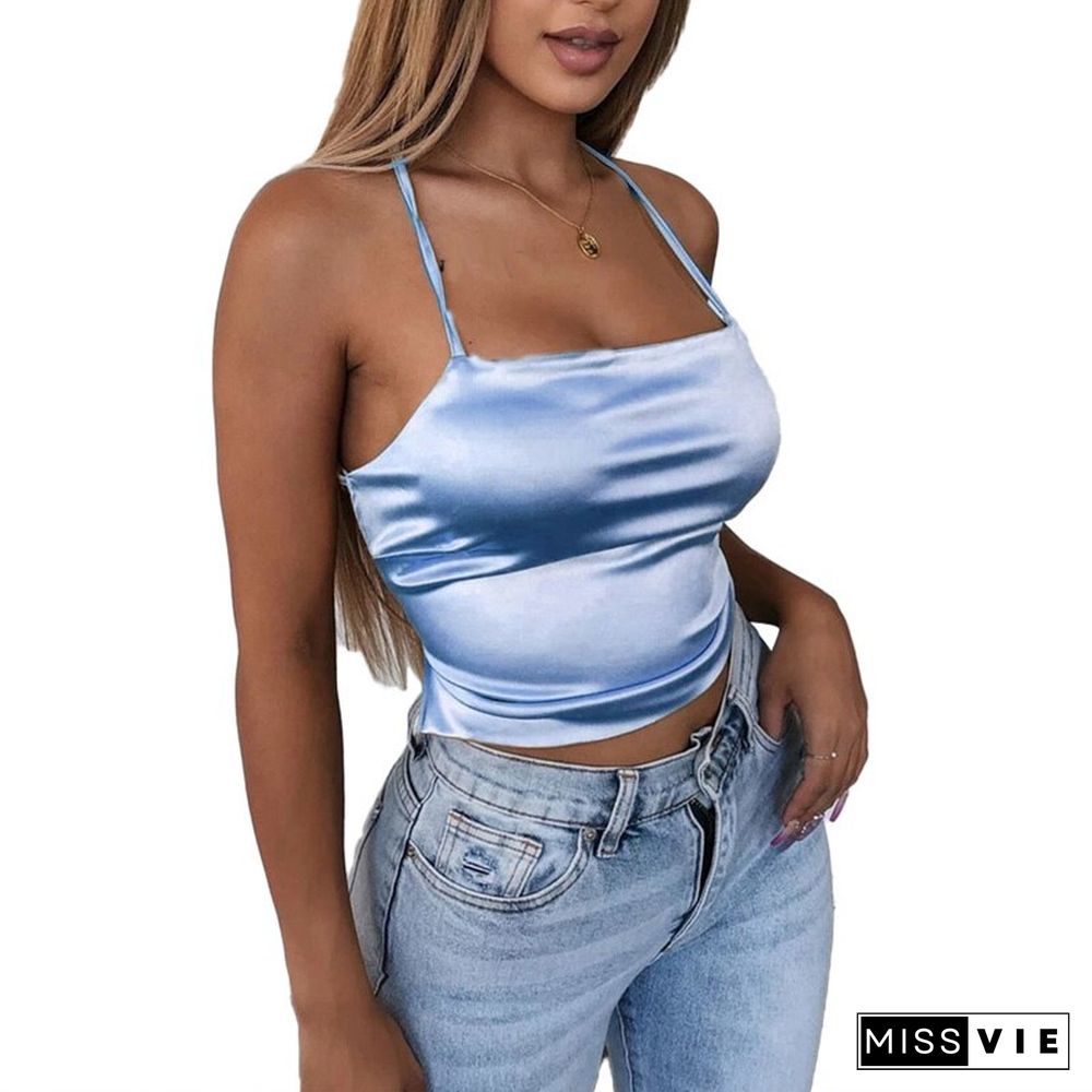 High Quality New Fashion Women Sexy Style Satin Silk Backless Back Bandage Vest Blouse Tops Strappy Summer Beach Cami Tank