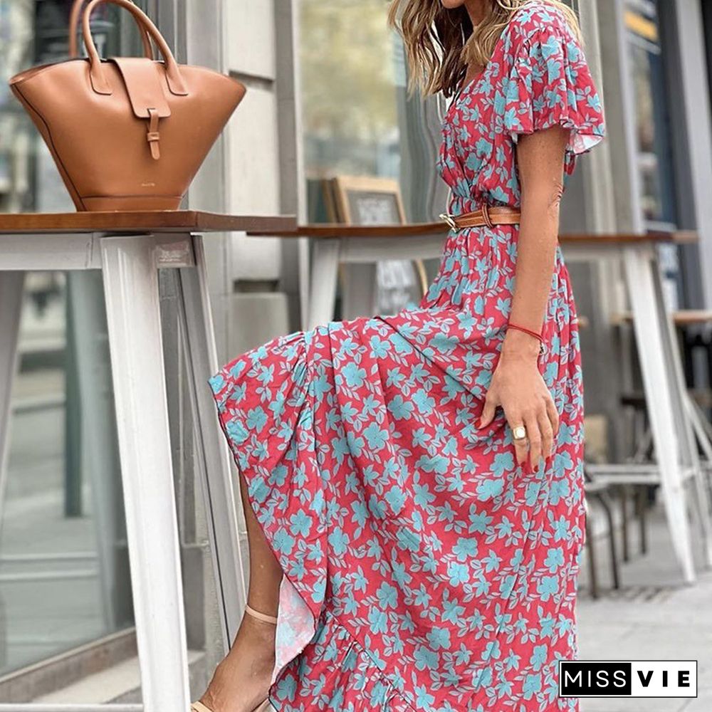 Boho Print V-Neck High Waist Slim Maxi Dress Casual Ladies Irregular Ruffle Sundress Women Vintage Short Sleeve Party Dress