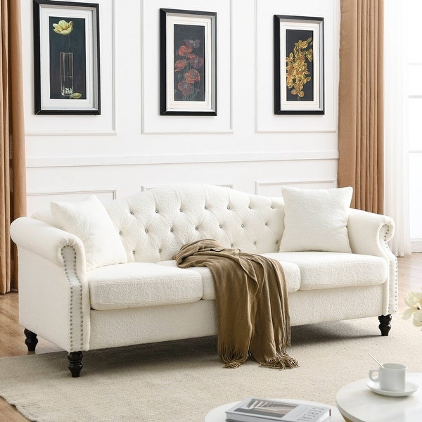 3+1 Combination of Chesterfield 3 Seater Sofa and Chair Modern White Teddy Upholstered Padded Seat with Two Pillows and Nailhead