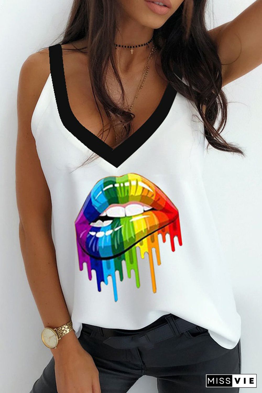 Lip Printed Deep V-Neck Tank Top