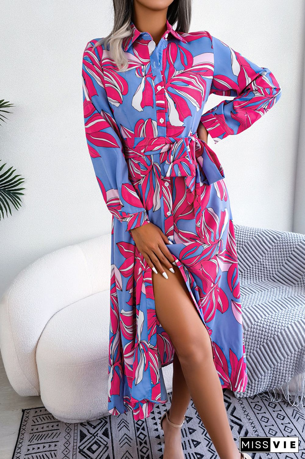 Contrast Print Button UP Split Shirt Dress