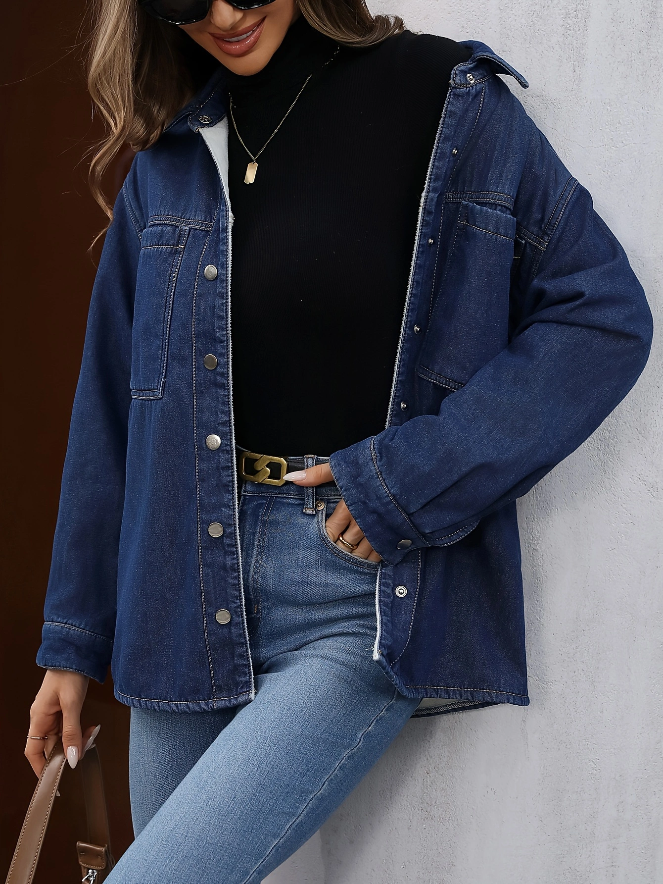 Plus Size Elegant Denim Coat - Womens Dark Washed Blue Button Up Long Sleeve Plush Lined Plain Denim Jacket for Winter - Stylish, Comfortable, and Warm Outerwear for Curvy Women