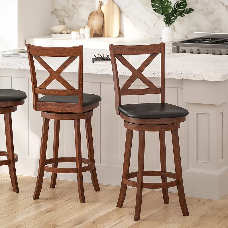 Merrick Lane Sora 30 Classic Wooden Crossback Swivel Bar Height Pub Stool with Upholstered Padded Seat and Integrated Footrest