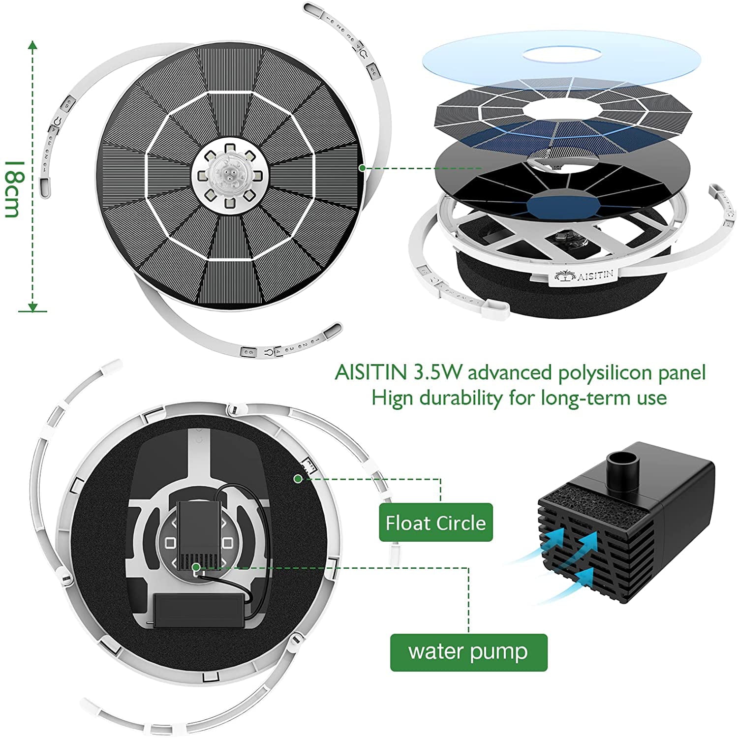 AISITIN 3.5W LED Plastic Solar Fountain for Outdoor Birdbath Garden  Pond Pool