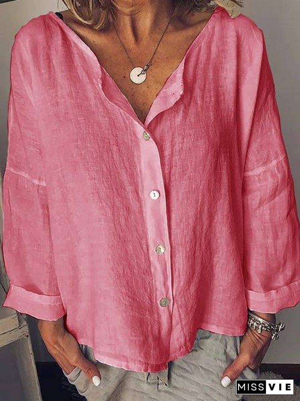 Long Sleeve Solid Shirts Plus Size Blouses Linen