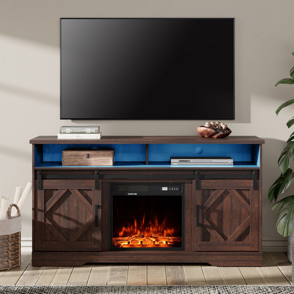 Farmhouse TV Stand  Sliding Doors  Fireplace With Adjustable Temperature  Brown   Farmhouse   Entertainment Centers And Tv Stands   by Declusia  Houzz