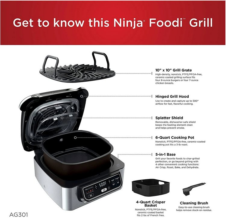 Ninja Ag301 Foodi 5-in-1 Indoor Grill with 4-Quart Air Fryer -AG301