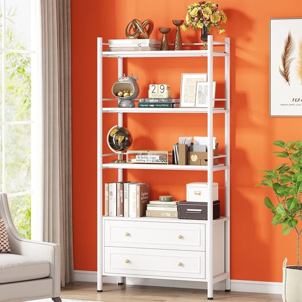 4 Tier White Bookshelf with 2 Drawers  Tall Bookcase with 4 Open Shelf for Small Place