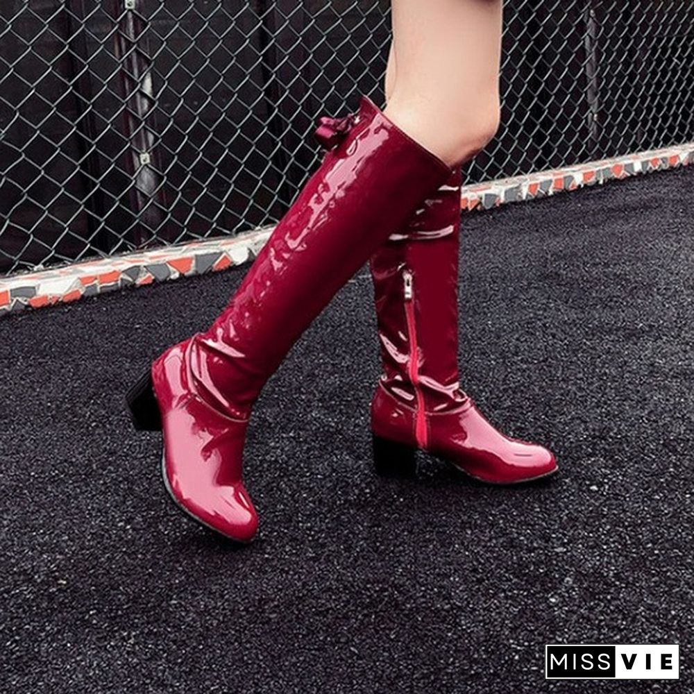 Women Knee High Boots Patent Leather Shoes Chunky Mid Heel Winter Boots Spring Autumn Fashion Plus Size