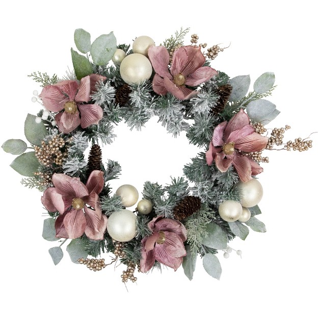 Northlight Pink Floral And Ball Ornament Frosted Pine Artificial Christmas Wreath 24 inch Unlit