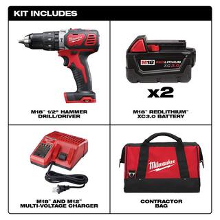 MW M18 18-Volt Lithium-Ion Cordless 12 in. Hammer Drill Driver Kit w(2) 3.0Ah Batteries Charger  Hard Case 2607-22