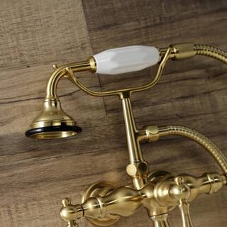 Kingston Brass Aqua Vintage 3-Handle Wall-Mount Clawfoot Tub Faucets with Hand Shower in Brushed Brass HAE19T7