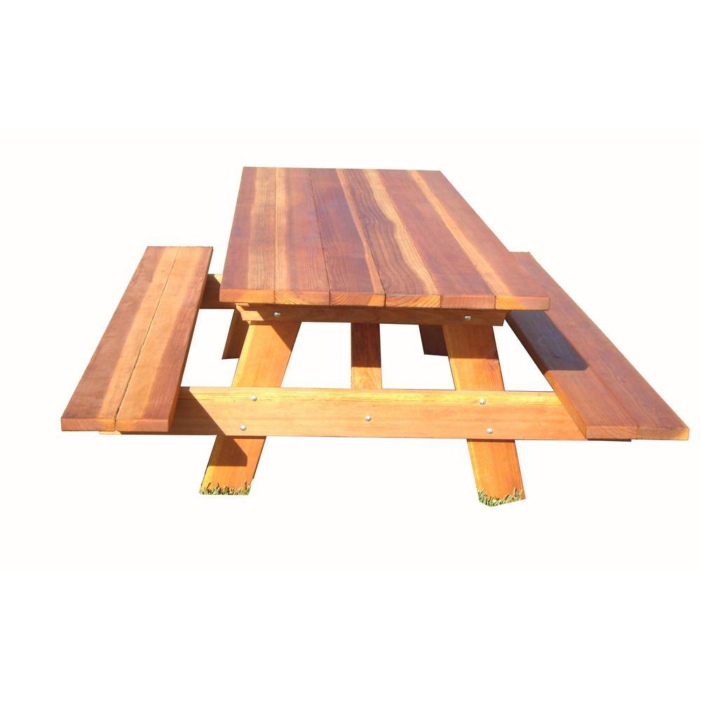 Outdoor 1905 Super Deck Finished 7 ft. Redwood Picnic Table with Attached Benches PTACHBB-7SC1905