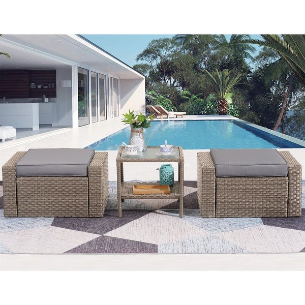 3 Piece Outdoor Ottomans with Glass Coffee Table - Overstock - 37928260