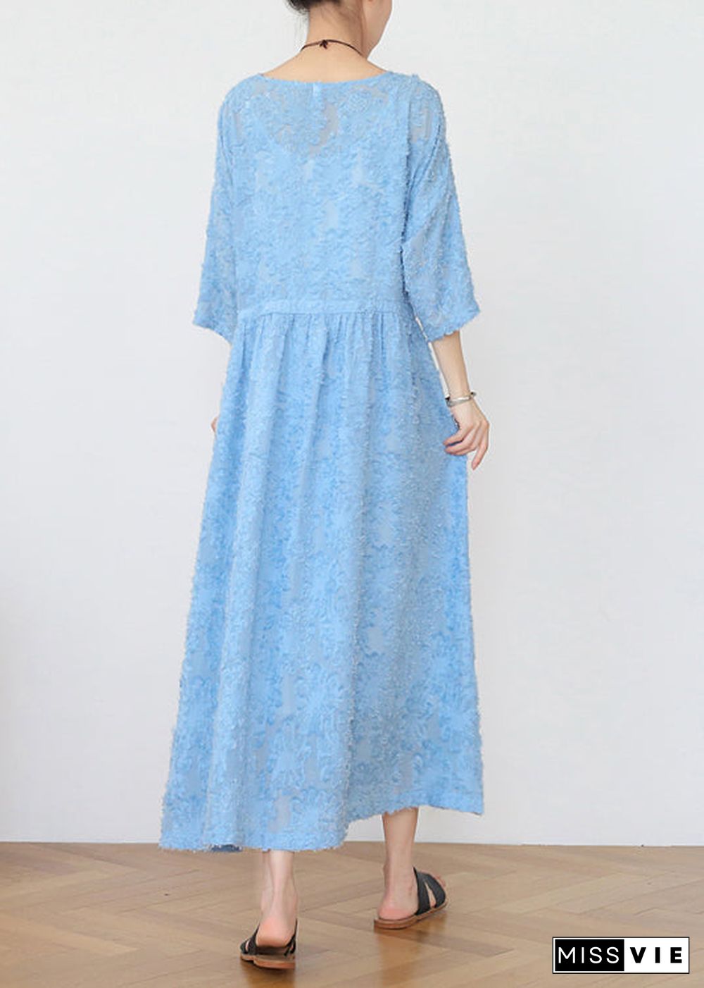 Classy Blue V Neck Cinched Hollow Out Chiffon Maxi Dress Long Sleeve