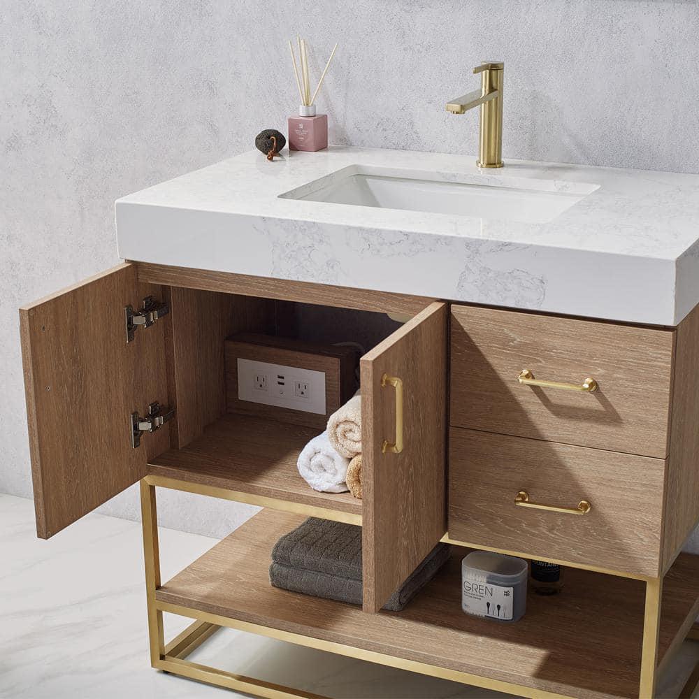 ROSWELL Alistair 36 in Bath Vanity in North American Oak with Grain Stone Top in White with White Basin