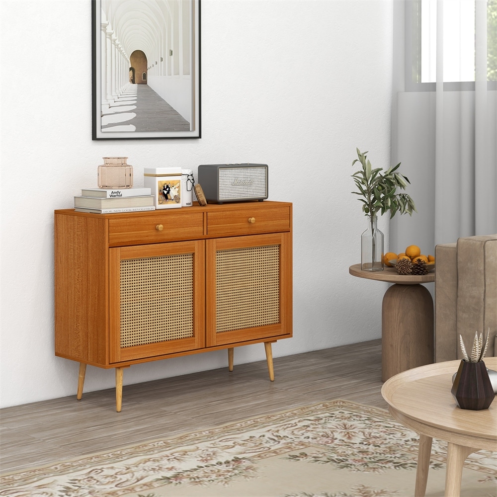 Storage Cabinet with 2 Drawers  Rattan Doors and Wooden Legs