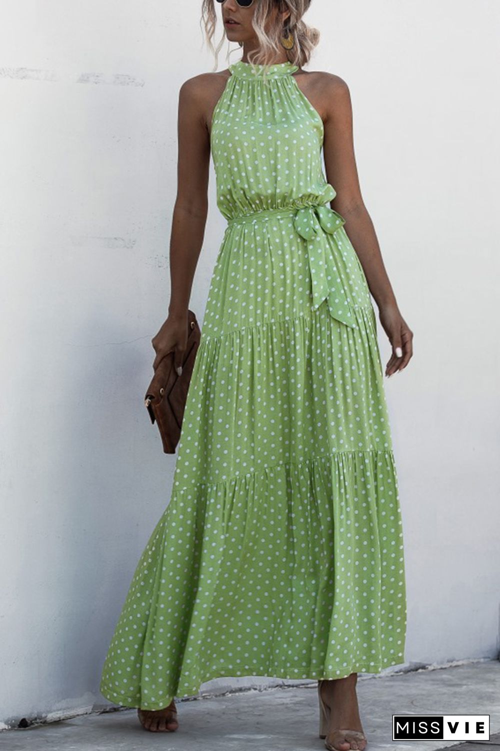 Halter Polka Dot Print Tie Waist Maxi Dress Wholesale