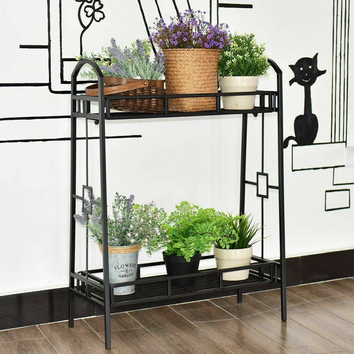 2 Tier Outdoor Metal Plant Stand Flower Pot Holder Freestanding Display Shelf Rack