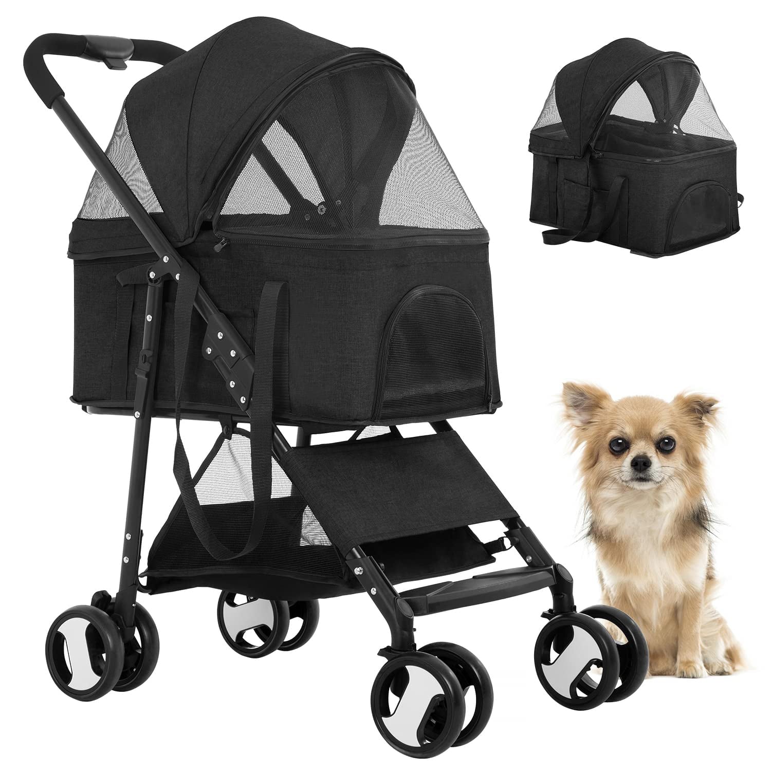 BestPet 3-in-1Pet Stroller Premium Multifunction Dog Cat with Detachable Carrier andCup Holder，Black