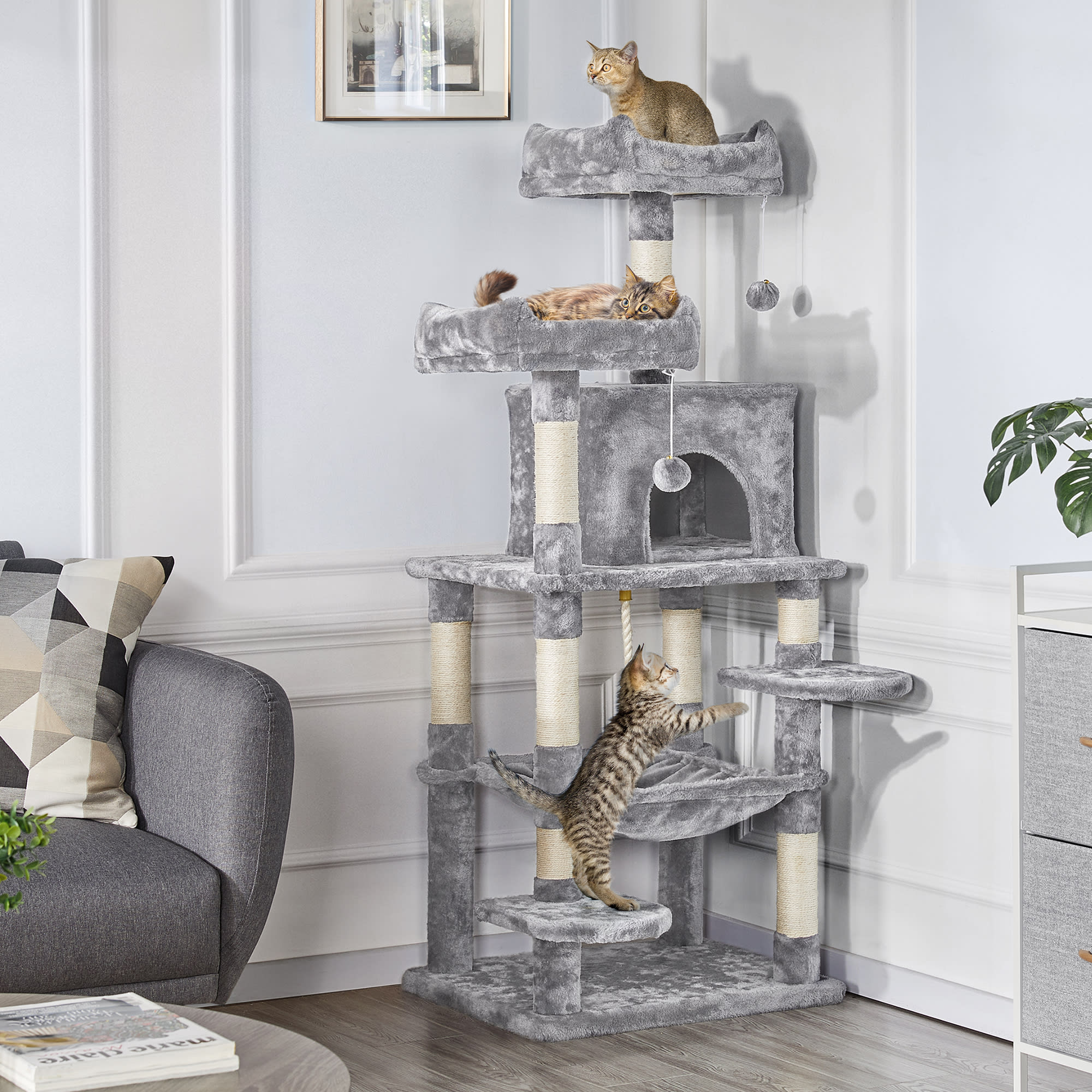 Topeakmart Light Gray Large Cat Tree with 2 Plush Perches， 59