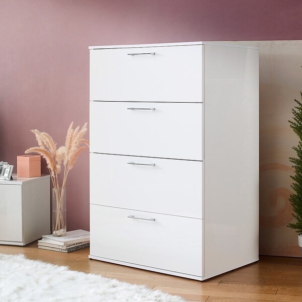 Modern Glossy 4-Drawer Jumbo Chest， Storage Dresser Clothes Organizer， Storage Cabinet for Bedroom， Living Room， Guest Room - - 37851483