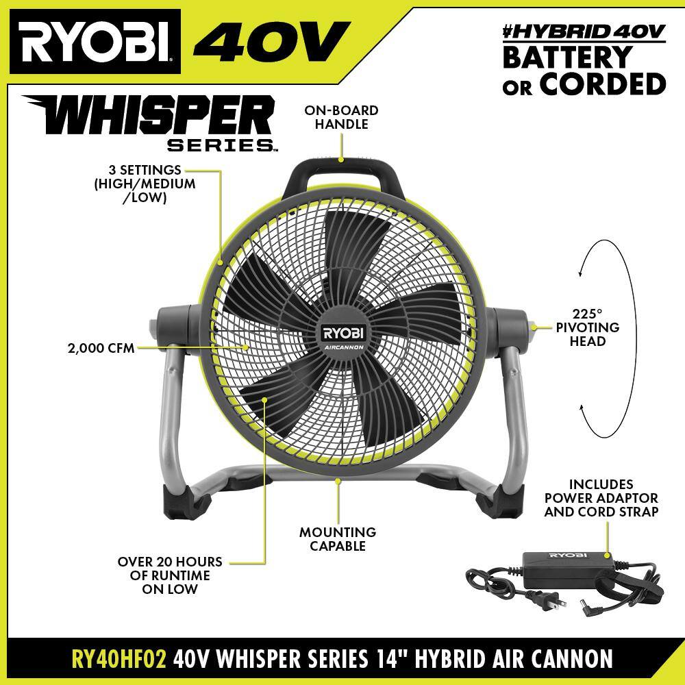 RYOBI 40V 14 in. Cordless Hybrid WHISPER SERIES Air Cannon Fan (Tool Only) RY40HF02B