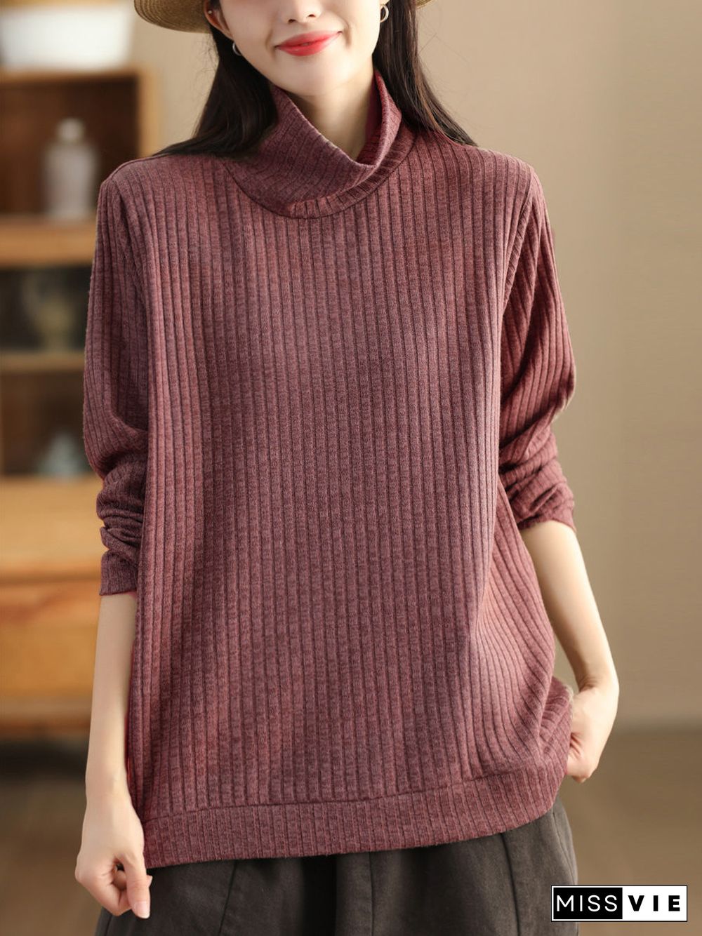 Plus Size Women Vintage Wool Solid Knitted Sweatshirt