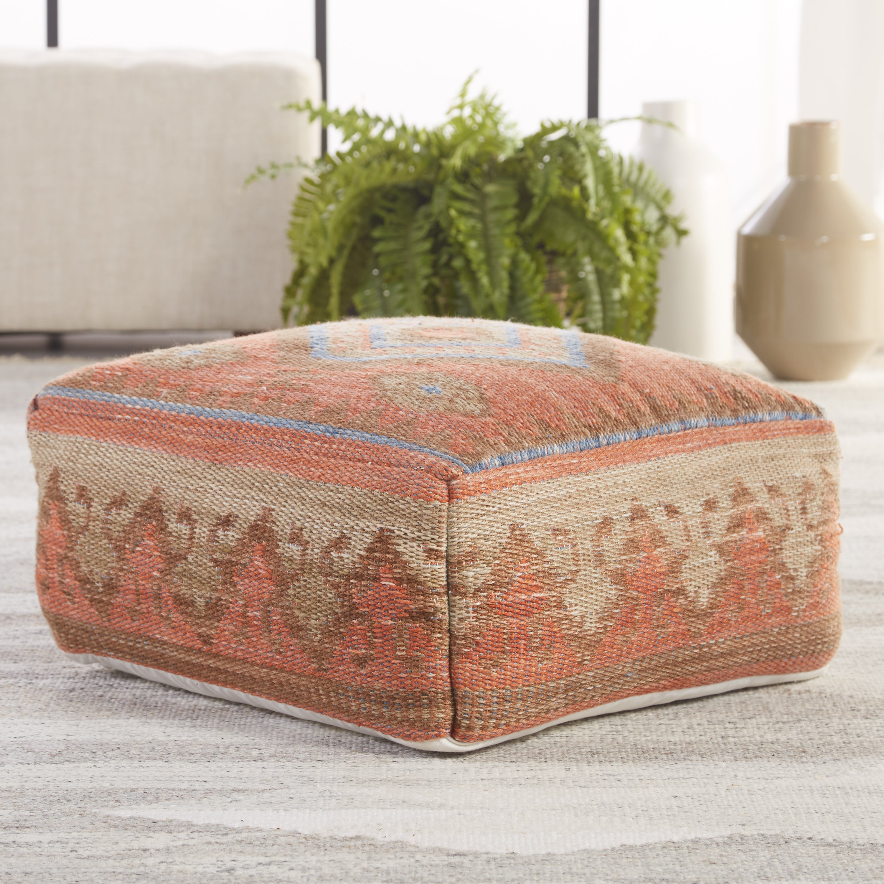 Ember Indoor/Outdoor Tribal Pouf in Orange & Blue