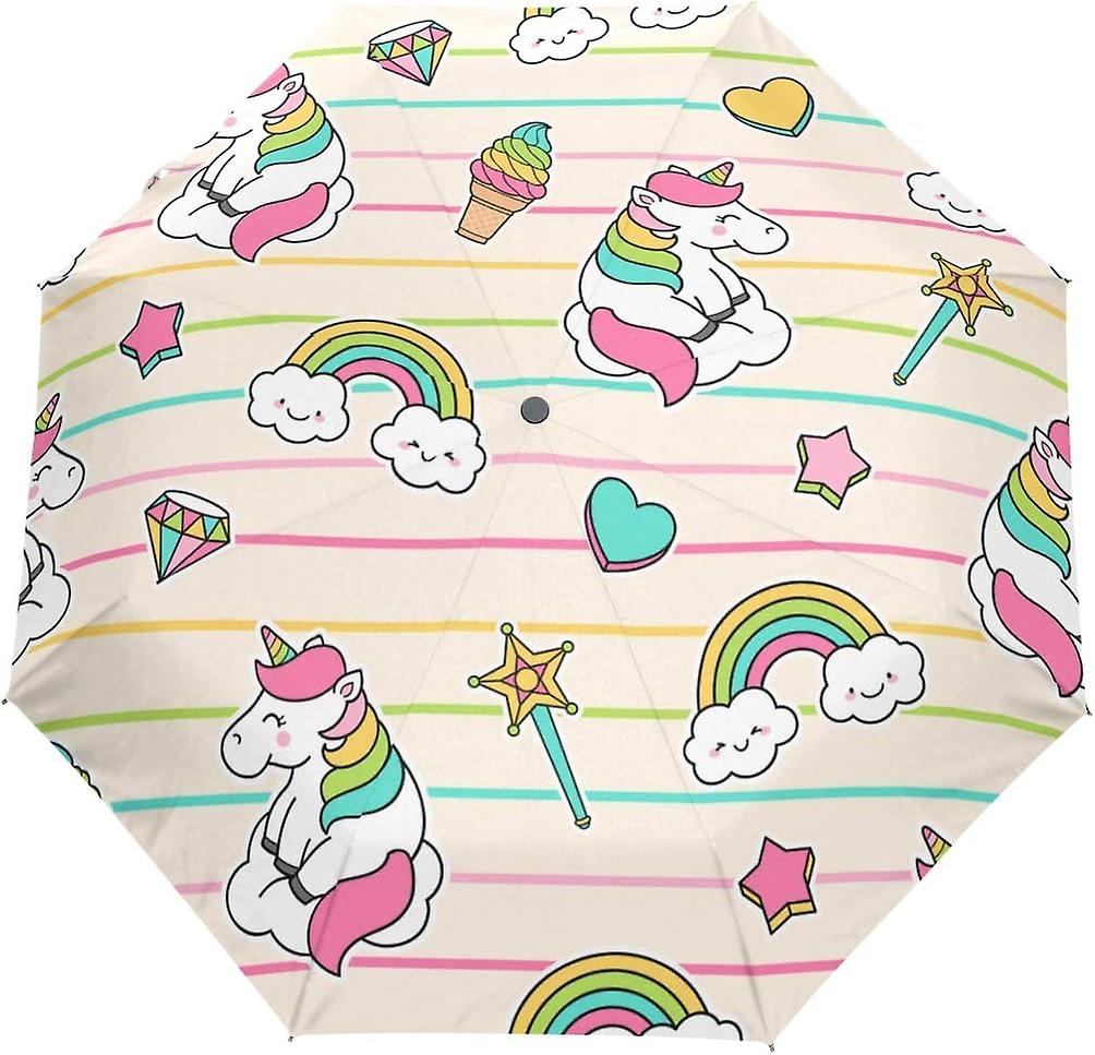 Travel Umbrella Automatic Windproof Foldable Umbrella Unicorn Doodles Colorful Stripes