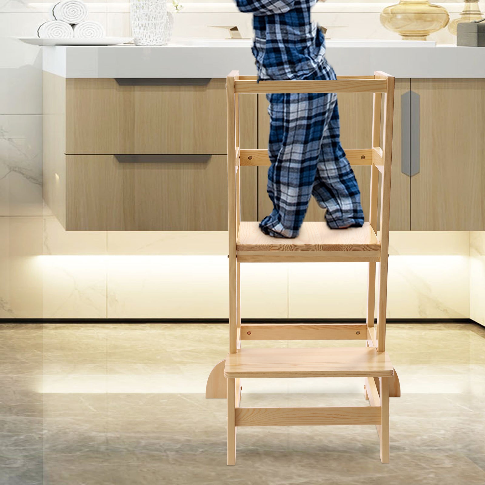 Flkoendmall Kitchen Step Stool with Safety Rails Natural