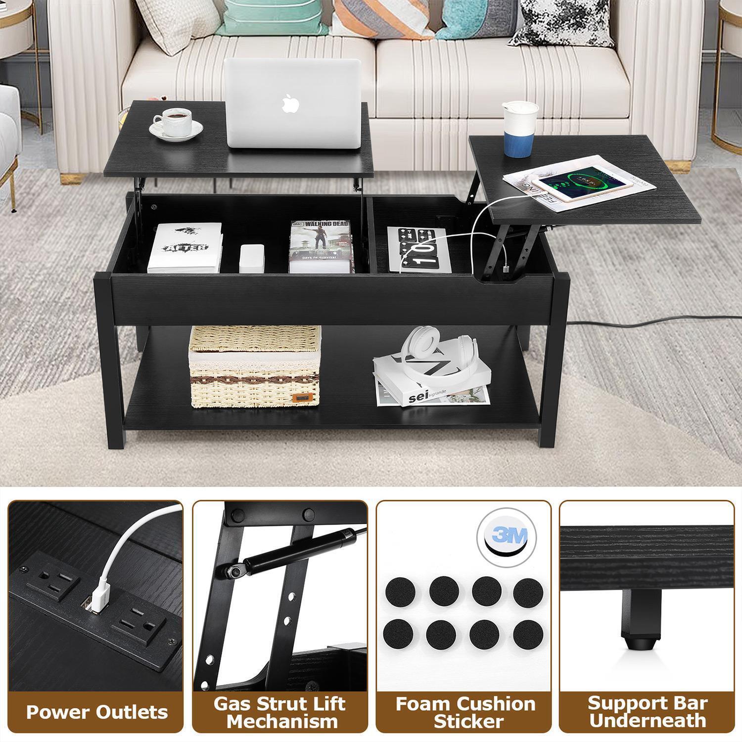 42.5'' Lift-Top Coffee Table With Hidden Storage And Side Drawer Living Room End Table USB (Black)