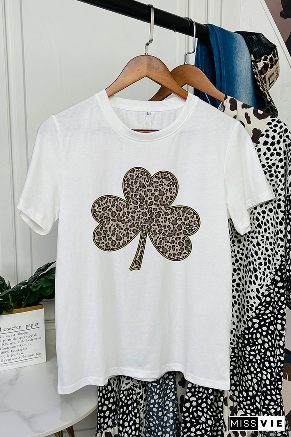 Leopard Clover Print Short Sleeve Graphic Tee Wholesale