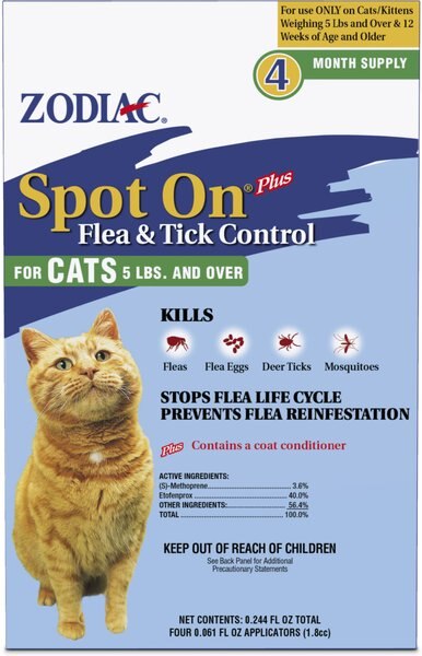 Zodiac Spot On Plus Flea and Tick Spot Treatment for Cats and Kittens， over 5-lbs