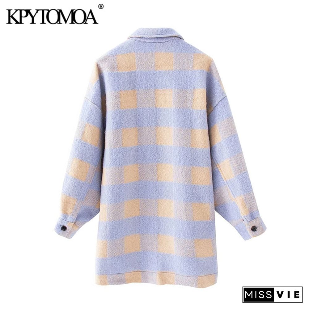 Women Fashion Overshirts Oversized Checked Woolen Jacket Coat Vintage Pocket Asymmetric Female Outerwear Chic Tops