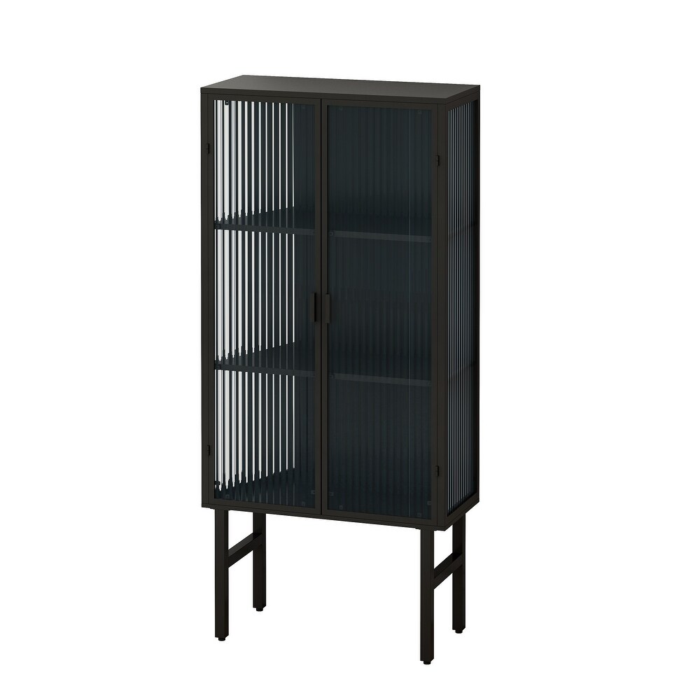 Multi function High Cabinet with 2 Glass Doors and Metal Legs