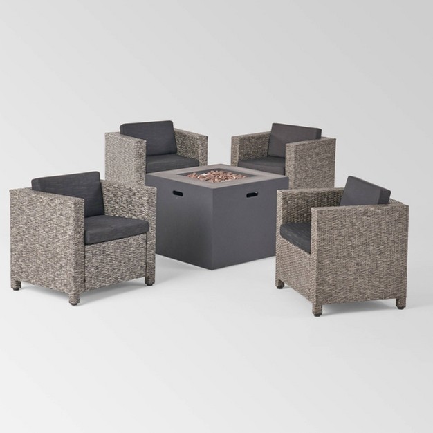 Maxwell 5pc Wicker Club Chair And Square Fire Pit Set Mixed Black dark Gray Christopher Knight Home