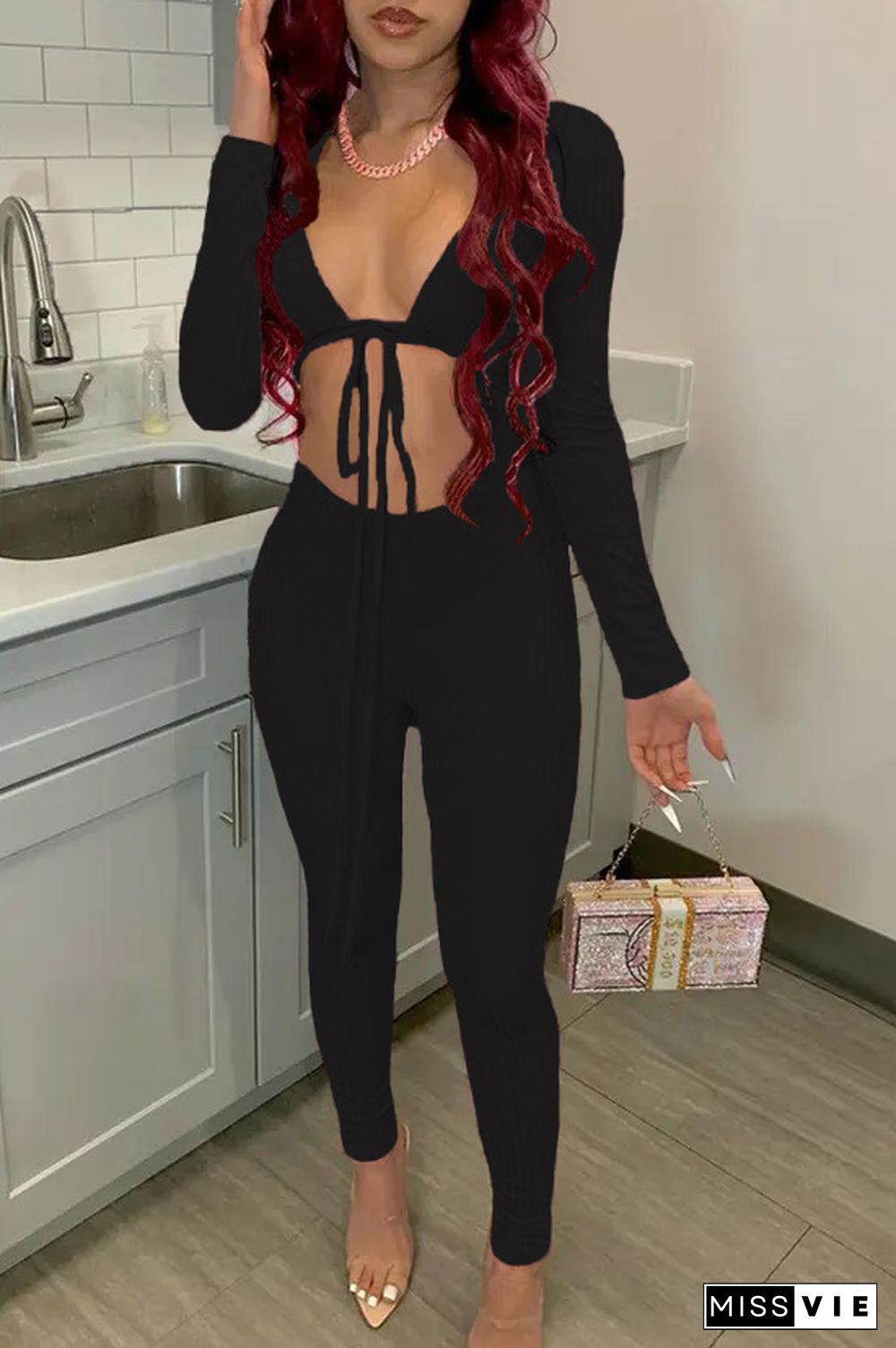 Long Sleeve Hollow Out Lace Up Skinny Jumpsuit