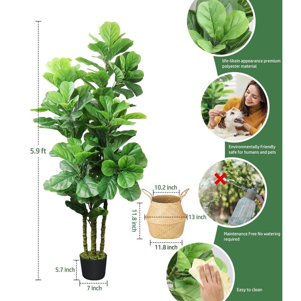 HOMLUX 72 in. Tropical Faux Artificial Fiddle Fig Tree Plants with 131 leaves ， Woven Seagrass Basket， Black Pot F6BD004A29