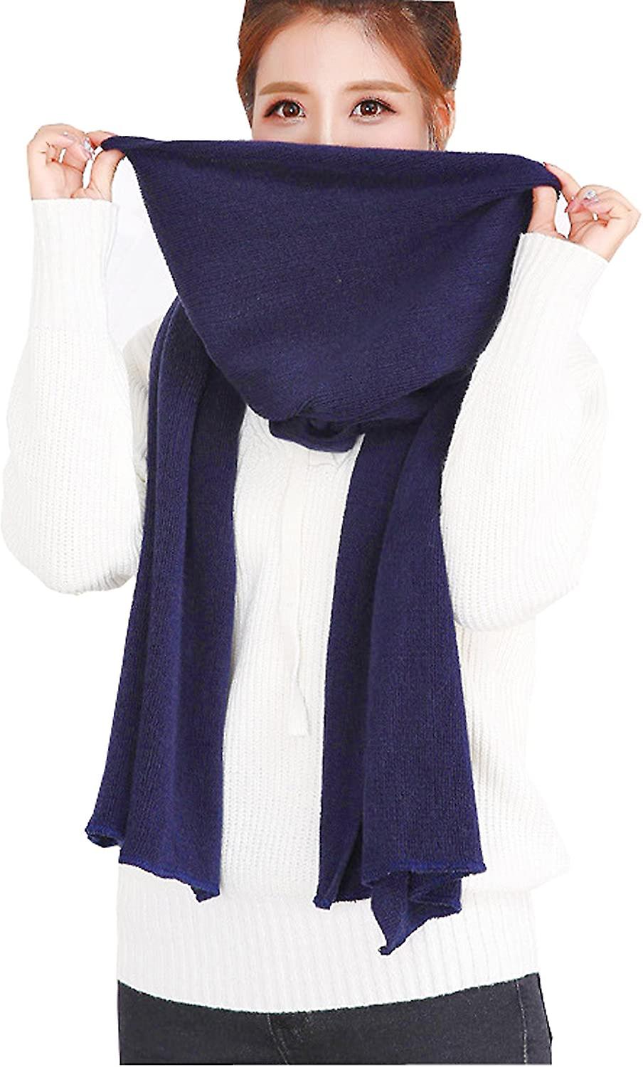 Women's Warm Long Shawl Winter Warm Large Scarf Pure Color Dark Blue -