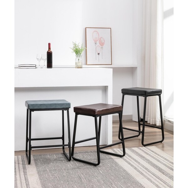 Porthos Home Setia Counter Stools Set of 2， PU Leather， Iron Legs