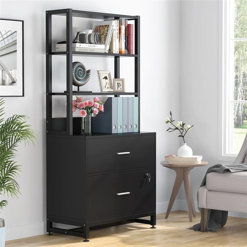 Brown/ Black 4 Tier Tall File Cabinet with Lock  Multi Functional Shelf Units for Collection Filing Cabinet Bookshlves