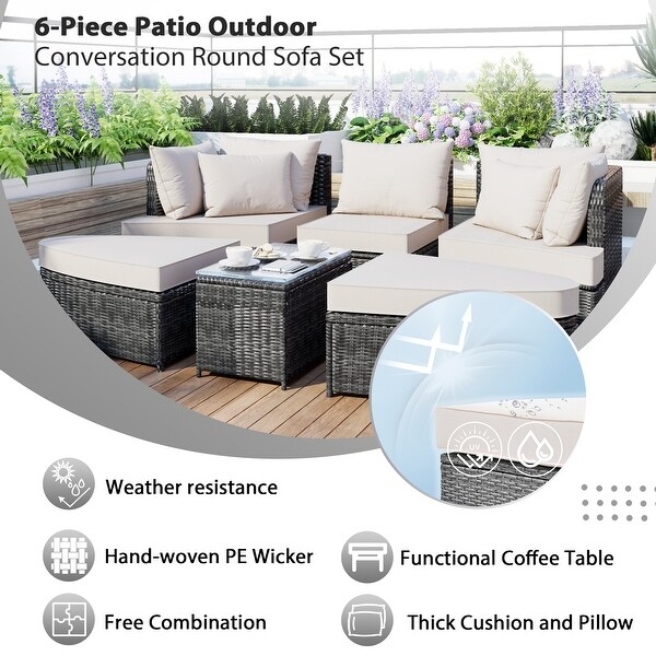 6Piece Wicker Outdoor Sectional Conversation Set with Cushions