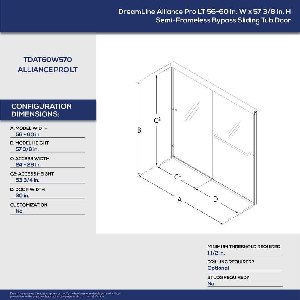 DreamLine Alliance Pro LT 56-60 in. x 57 38 in. Semi-Frameless Sliding Tub Door in Chrome Finish TDAT60W570VXX01